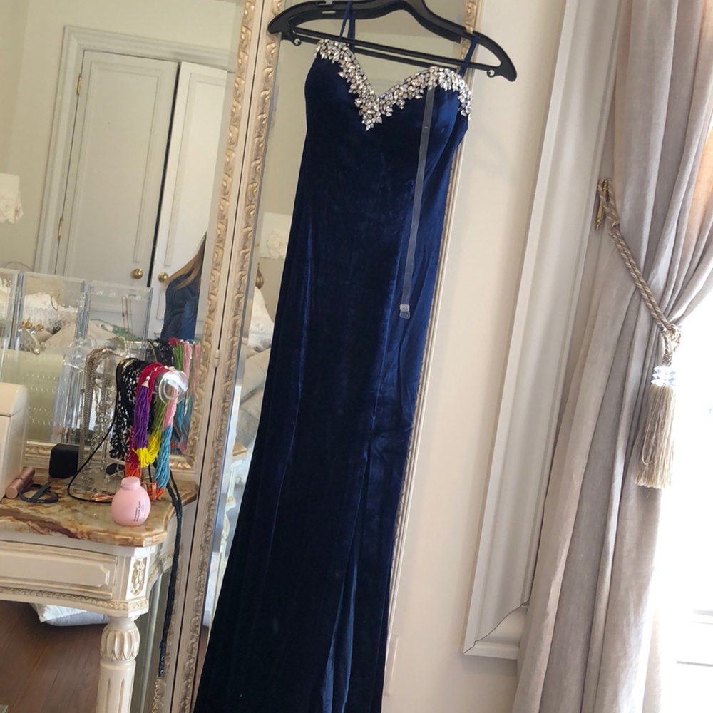Jovani velvet blue gown navy